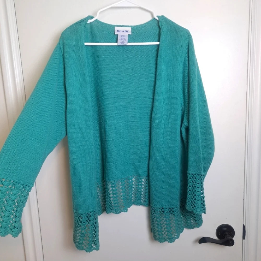 Blair Blue Crochet Boho Lagenlook Cottagecore Fairy Open Cardigan Size Large